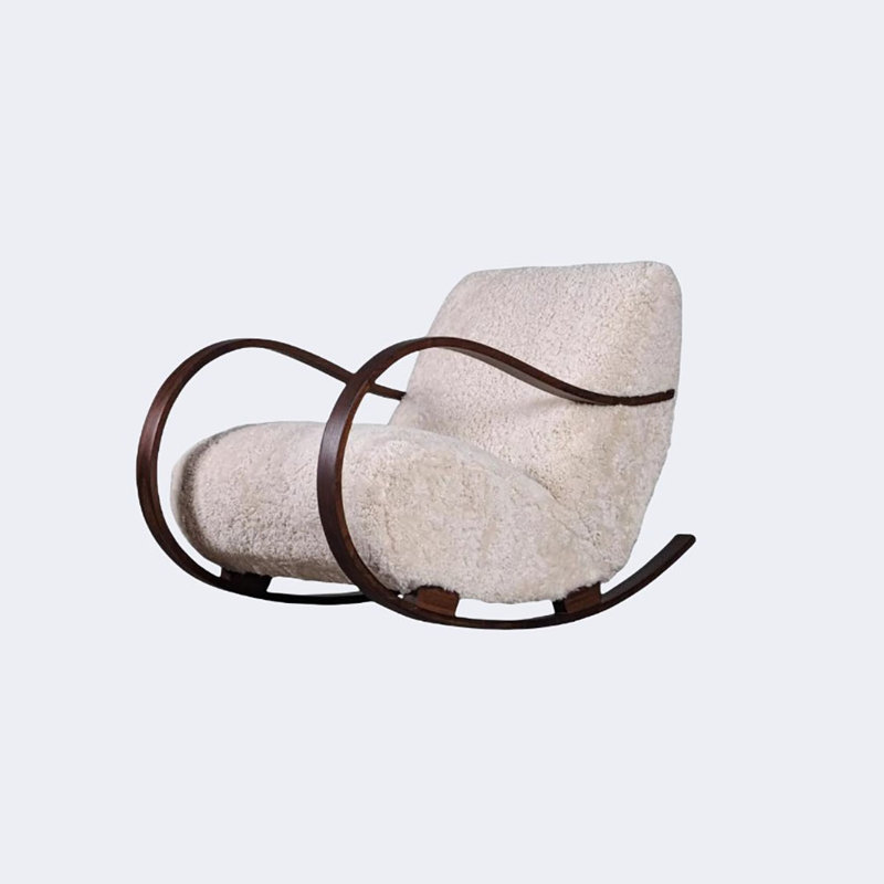 Chaise berçante en bois massif rétro français, Noir / Blanc cassé