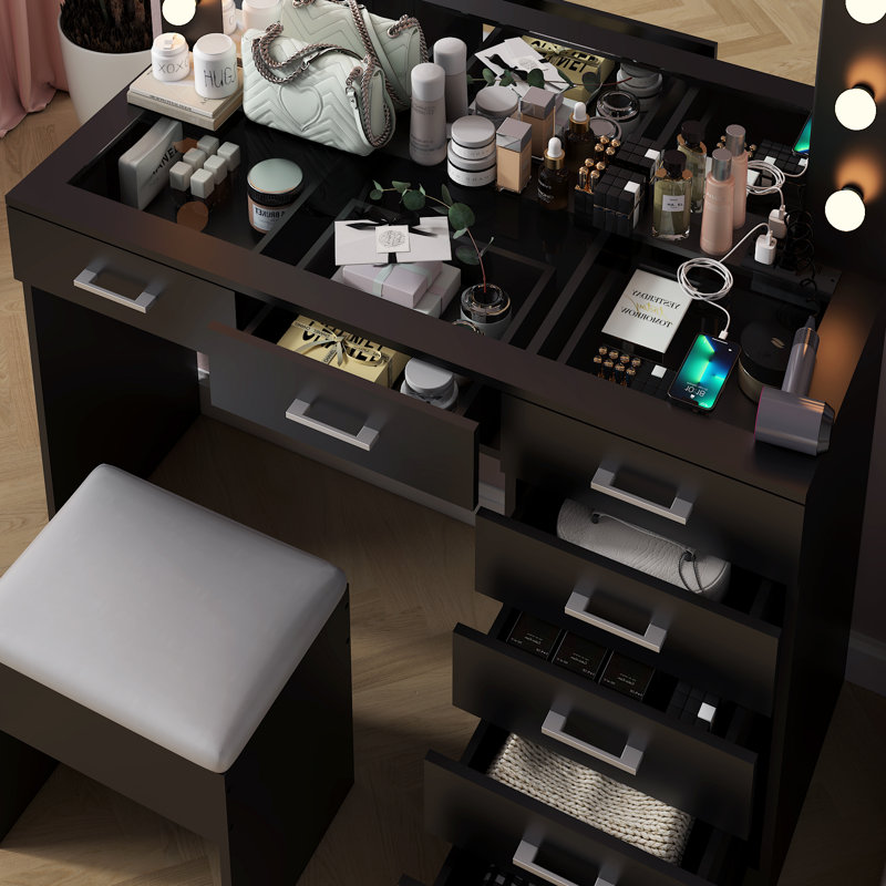 Large Makeup Vanity Set with Lights, USB & Power Outlet,7 Drawers, Black
