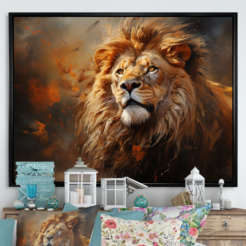Shimmering Golden Lion Reflections sur impression sur toile, H 30 po x l 40 po x P 1,5 po, Cadre flottant noir