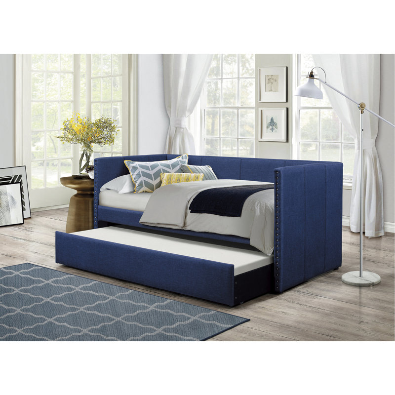 Lit de jour à structure en bois avec revêtement bleu et lit gigogne escamotable en tissu, structure, pour la décoration de la chambre à coucher