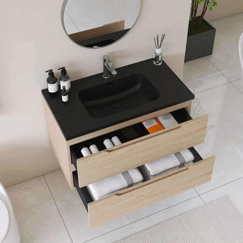 Meuble-lavabo mural simple avec comptoir en quartz noir intégré, 35"