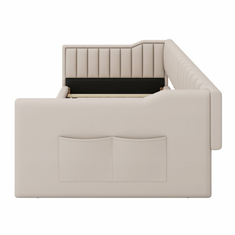 Upholstery Daybed And Side Storage Pocket, Beige, Twin XL