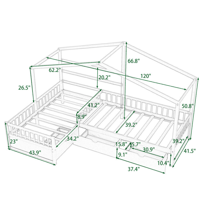 Lit plateforme simple avec 3 tiroirs de rangement - Lit simple en forme de L en bois massif, gris, gris
