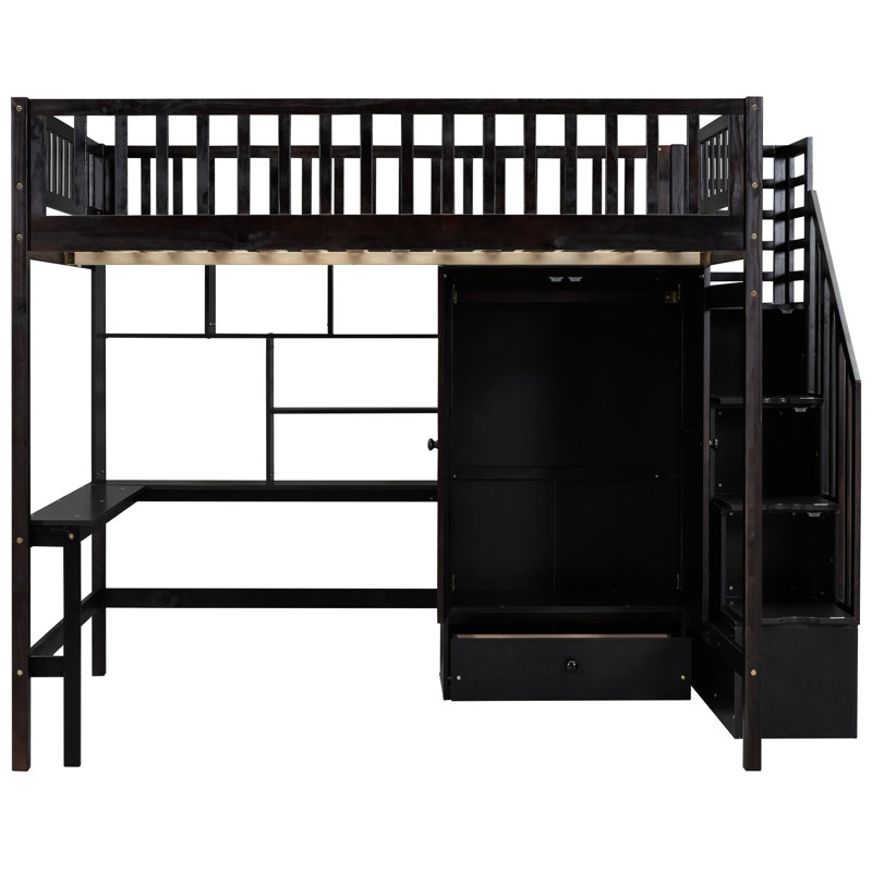 Lit mezzanine double avec éléments complets. Bibliothèque, tiroirs, bureau et garde-robe. Fabrication en bois de pin massif pour la durabilité. Conception inspirée de la maisonnette. Clôture en forme. L 94,4 po x l 57 po x H 72 po