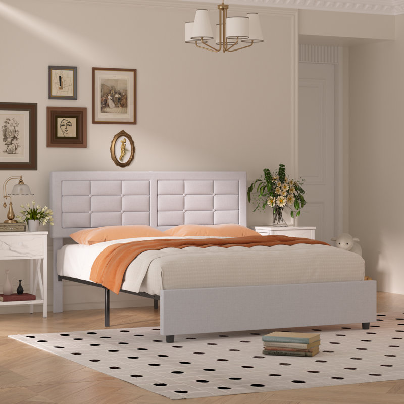 Kempst Upholstered Full Size Bed Frame with Adjustable Headboard, Full Platform Bedframe with Charging Station, Mattress Foundation with Wooden Slats Support, No Box Spring Needed