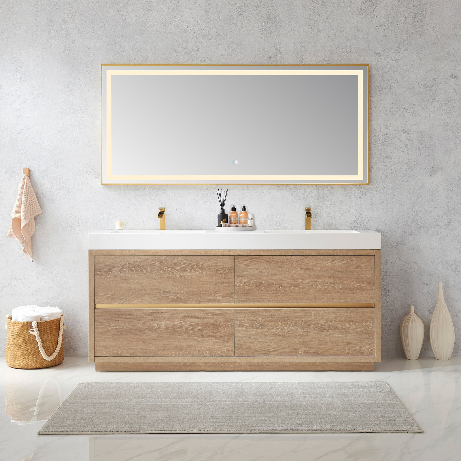 Beira 71.7'' Double Bathroom Vanity, North American Oak, White