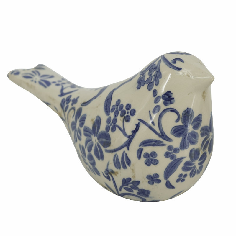 Ensemble de 2 figurines d'oiseaux en céramique bleue et blanche avec des motifs floraux, des sculptures décoratives campagnardes pour manteau de cheminée, plateau de table, tablette ou centre de table, 8 po x 4 po et 6 po x 3 po