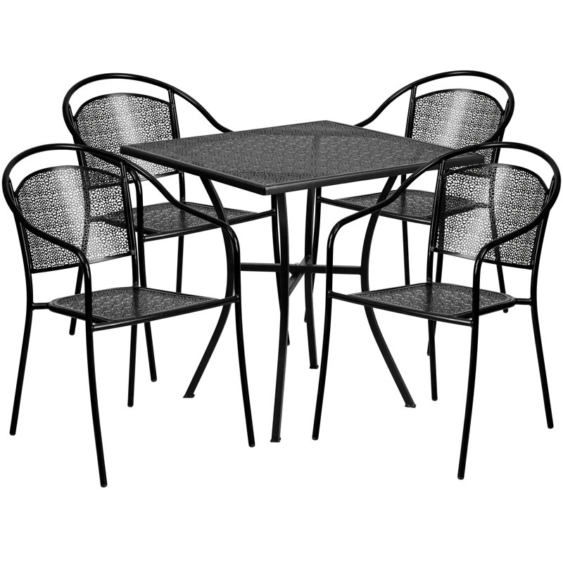 Meranda Commercial Grade 28" Square Indoor-Outdoor Steel Patio Table Set with 4 Round Back Chairs, Black