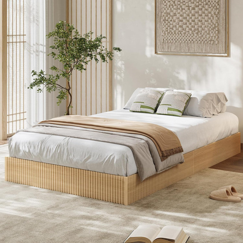 Twin XL Wood Platform Bed Frame, Fluted Panel Style, Heavy-Duty Support Slats, Walnut, Tan, Twin XL 