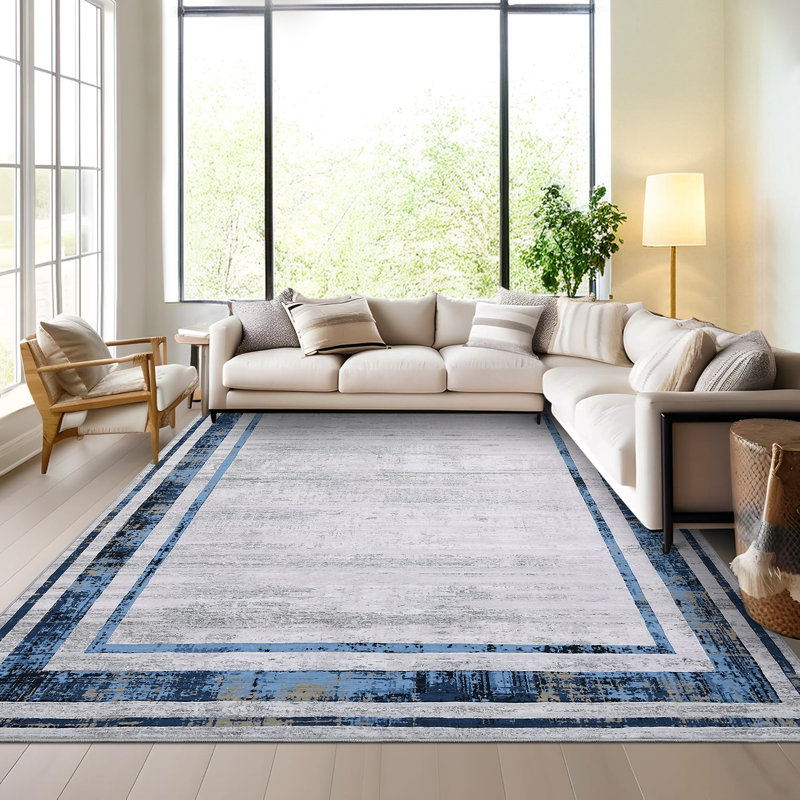 Modern Bordered Area Rugs Living Room Distressed Carpet Non Slip Low Pile Accent Rug for Dining Room Home Office Nursery