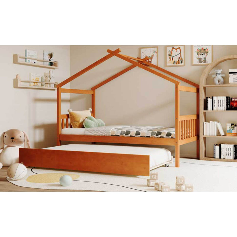 Twin Size Wooden House Bed With Trundle, Solid Pine Wood, Fun & Space-saving Design