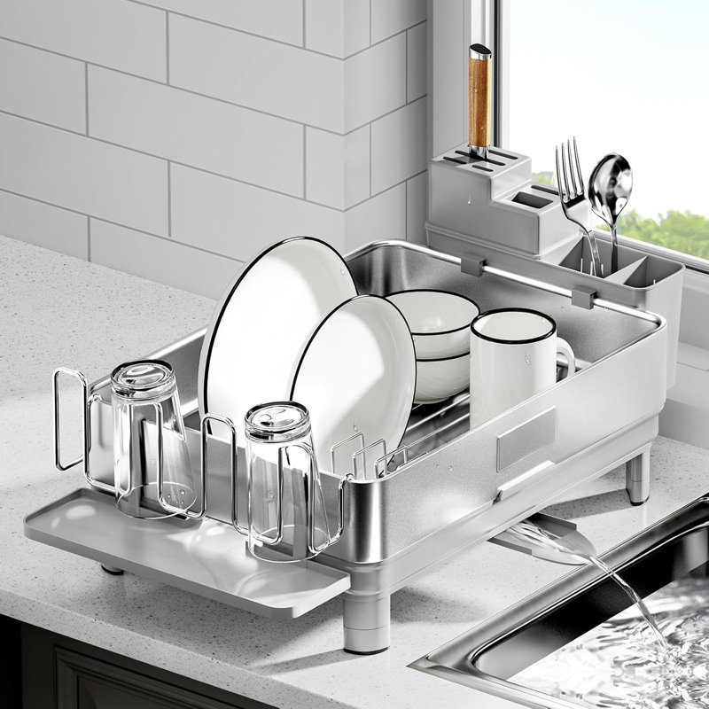 Stainless Steel Dish Rack With Drainage And Utensil Holders For Kitchen Countertops