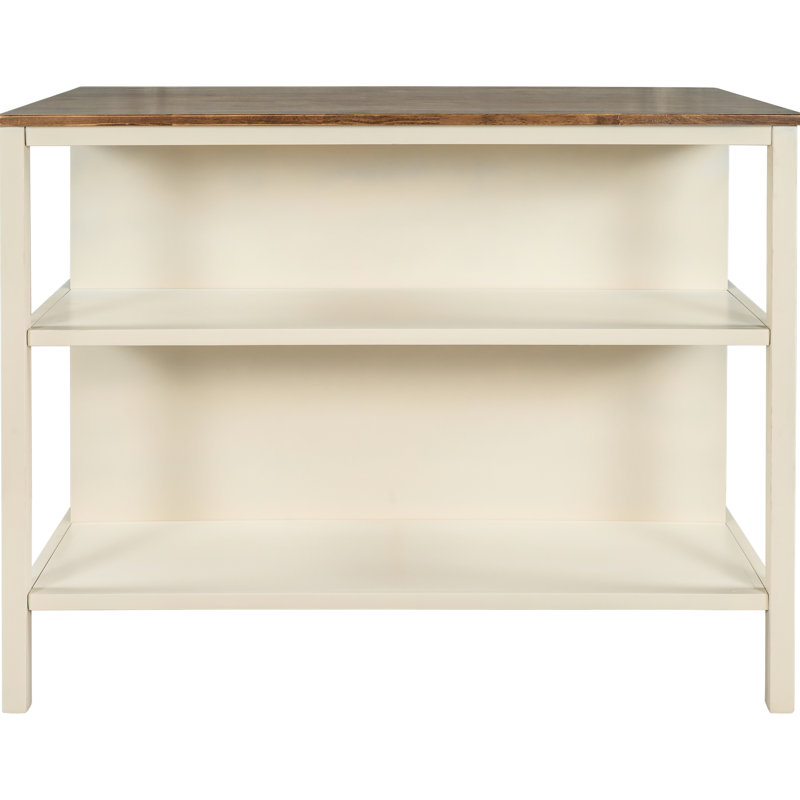 Rustic 45" Kitchen Island With Solid Wood Top - Walnut Tabletop And Cream White Base 2 Open Shelves Butcher Block Dining For Small Areas
