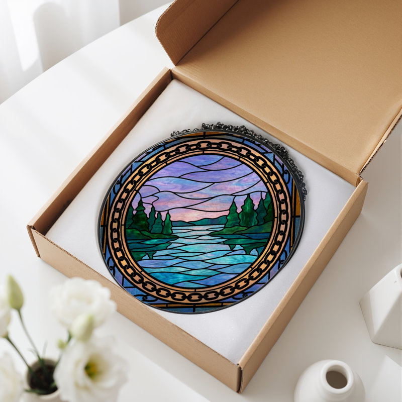 7.8"H Lake Scene Stained Glass Window Panel