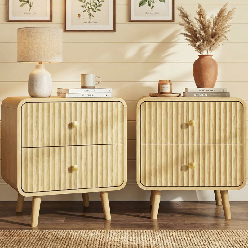 Set of 2 Modern Fluted 2-Drawer Nightstands with Solid Wood Legs, Oak