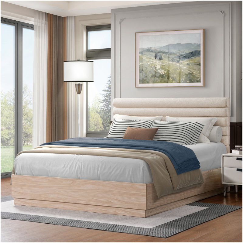 Structure de lit grand en bois avec tête de lit tapissier en tissu Boucle