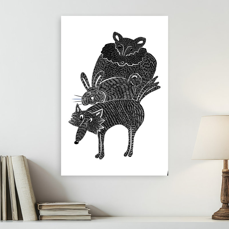 Reproduction d'art mural fantaisiste, empilage d'animaux fantaisiste, contemporain, lapin, forêt, faune, 24" H x 16" W
