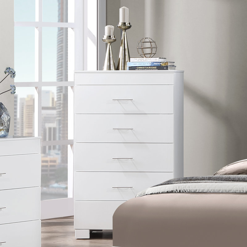 Commode 5 tiroirs Anglina, Blanc