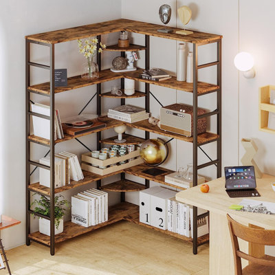 Buy Mondeer Bookcase, Corner Bookshelf 5 Tiers, Width Adjustable From 80 To 146cm Industrial Style For Living Room Home Office Study Bedroom Kitchen Balcony Rustic Brown 1085857532
