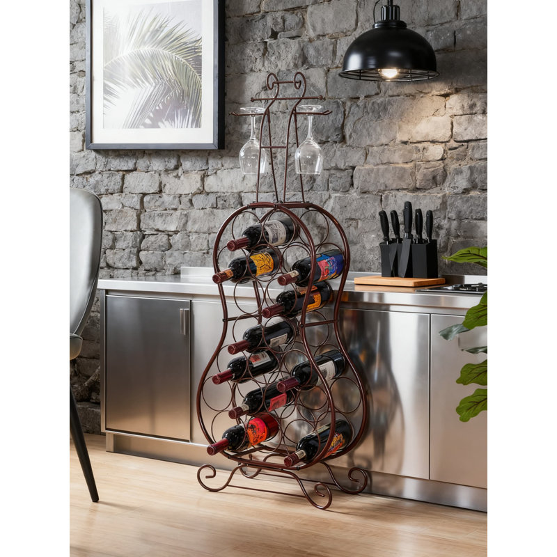 Support à vin autoportant en forme de violoncelle avec capacité de 19 bouteilles et porte-verre à vin intégré, fabrication en métal durable au fini bronze