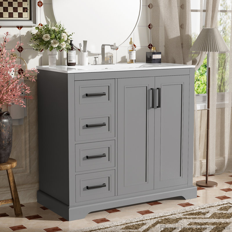 36" Modern Bathroom Vanity with Ceramic Sink, Ample Storage, Gray