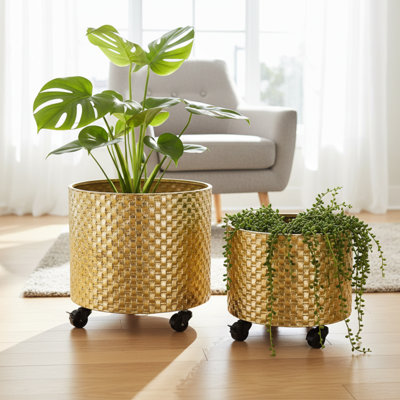 Ensemble de jardinière en feuille d'or dorée avec bouchon de vidange, pot de plante d'intérieur avec roues pour cadeau de décoration de plantes fraîches ou artificielles