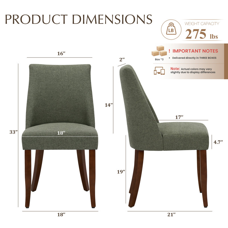 Chaise de salle à manger rembourrée de 19 po de hauteur Parsons, pieds en bois massif, chaises d'appoint en tissu à haut dossier, assemblage facile