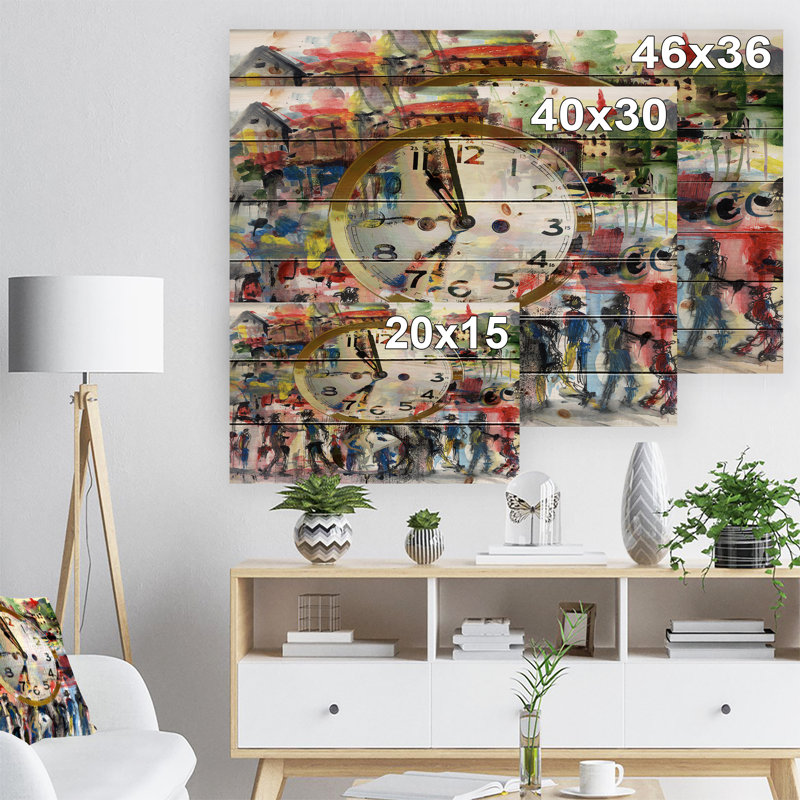 «People and Time Acrylique Watercolor», peinture, H 30 po x l 40 po x P 1 po, Bois naturel