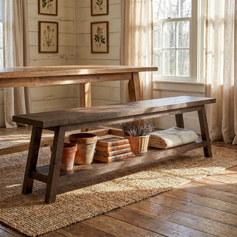 Solid Wood 63" Storage Bench For End Of Bed, Rustic Bedroom Bench With Shelf, Farmhouse Style, Dark Walnut