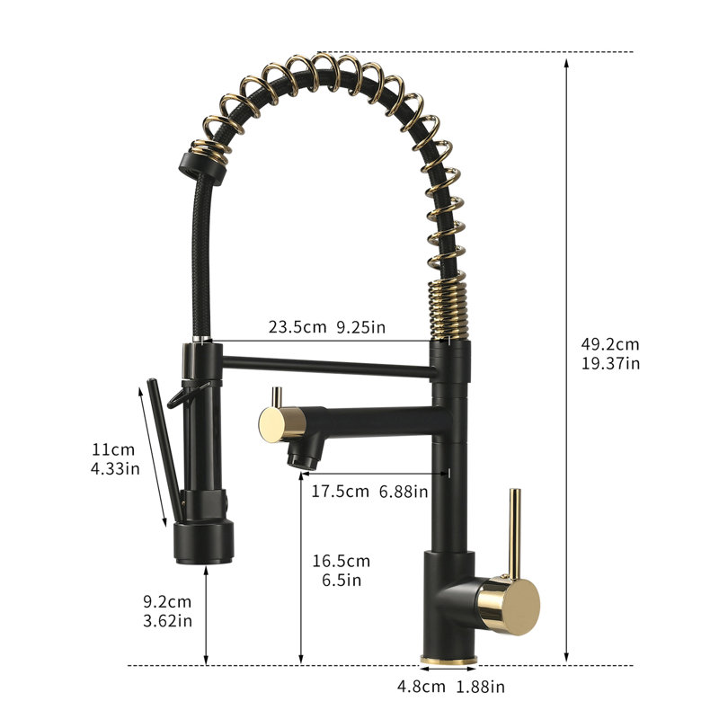 Kitchen Sink Faucet With Pull Down Spray, Matte Black And Gold, 360 Degree Rotation, Single Handle Rotatable, Lever For Use
