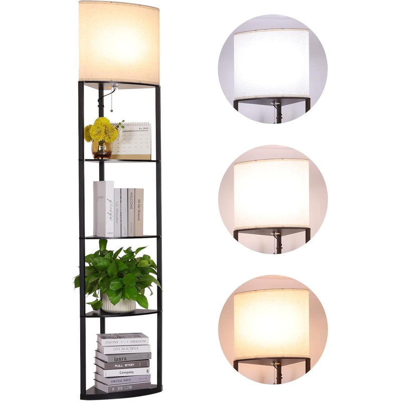 Floor Lamp With Shelves Sector Corner Shelf Lamp With 3 Colour Temperature Bulb With Linen Lampshade Bookshelf Corner Display Lamp(Black)