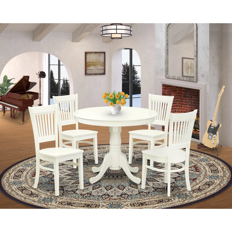 Ensemble de table de cuisine 5 pièces pour 4 personnes comprenant une table de salle à manger ronde avec piédestal et 4 chaises en bois massif, 36 x 36 po, lin blanc