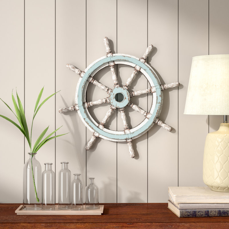 Mcgaughey Wood Distressed Ship Wheel Sail Boat Blue Wall Decor with White Accents