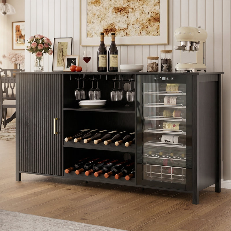 70" Wine Bar Cabinet with Fluted Texture, Modern Coffee Cabinet with Wine Rack&Glass Holder, White Kitchen Buffet Sideboard, Freestanding Liquor Cabinet for Dining Room Living Room