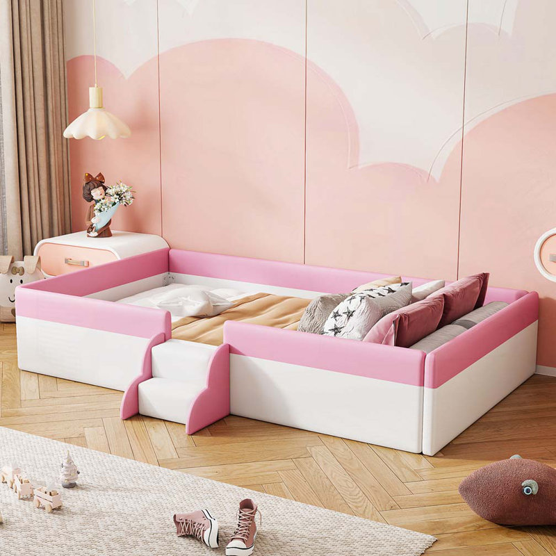 Lit pour enfant rembourré avec escalier, Rose / blanc, Simple