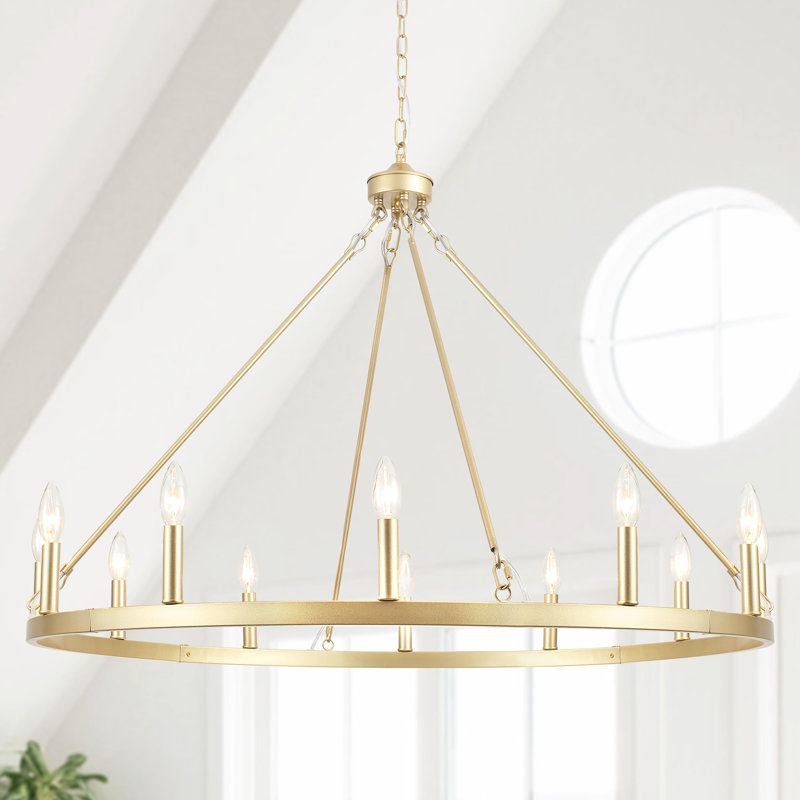 Moomal 12-Light Farmhouse Candle Dimmable Wagon Wheel Chandelier for Living Room Kitchen Island Dining Foyer, Spray Gold, 12