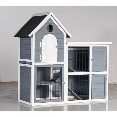 Grande cage extérieure pour poulailler, poulailler à 2 étages résistant aux intempéries et huche à lapin, maisonnette intérieure / extérieure en bois avec plateau anti-fuites, toit imperméable et plateau coulissant (L 50,98 po x H 48,23 po, gris, bleu et