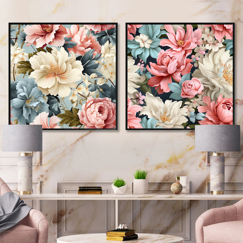 Motif victorien rose et beige à motif victorien, Cadre flottant noir, H 16 po x l 33 po