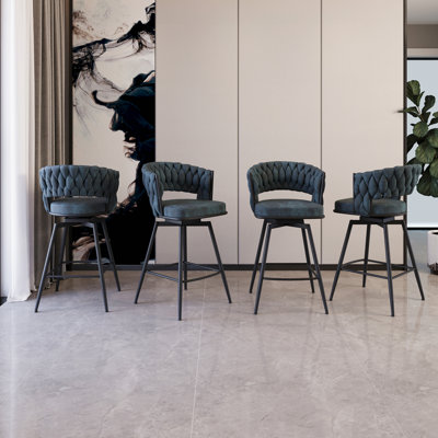 Ensemble de tabourets de bar 26 po en suède de 26 po avec tabourets à pieds noirs sans îlot de cuisine réglable, 360 tabourets de bar pivotants avec tabouret de bar et repose-pieds (bleu)