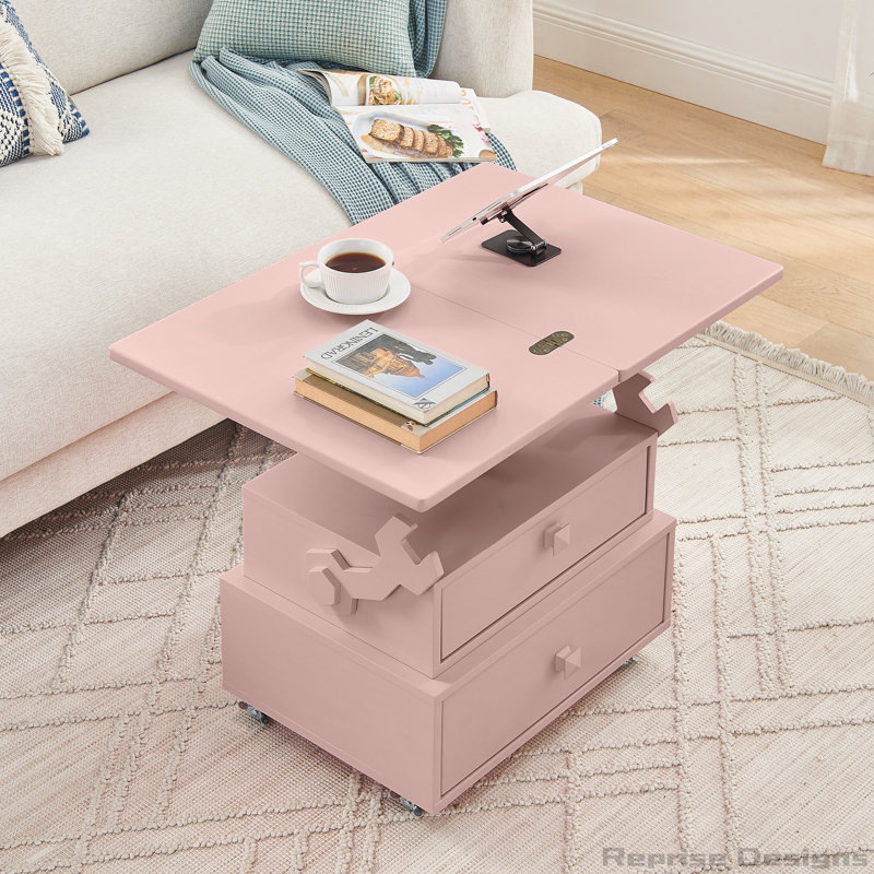 Table de bout roulante à hauteur ajustable laquée ultrabrillante avec station de charge et roues universelles avec freins, table à plateau relevable multifonctionnelle avec tiroirs de rangement pour la chambre à coucher du salon