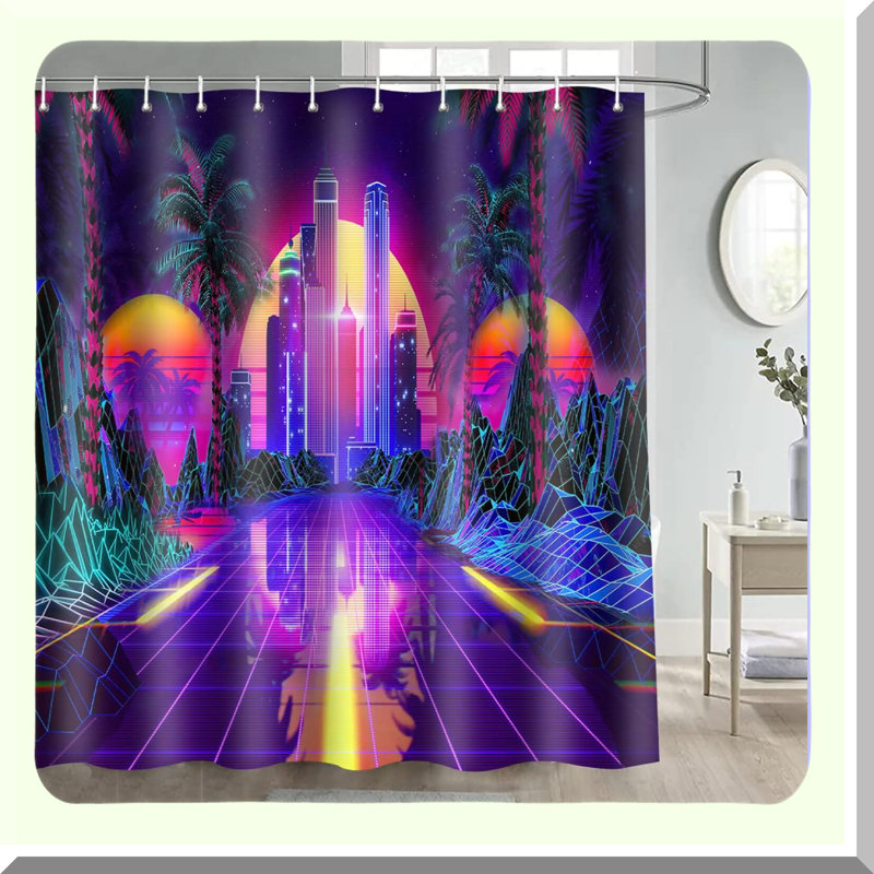 Neon Sunset Retro Punk Shower Curtain - 80s Sci-Fi Tropical Art with Coconut Trees - Colourful Abstract Bathroom Decor Set with 12 Hooks