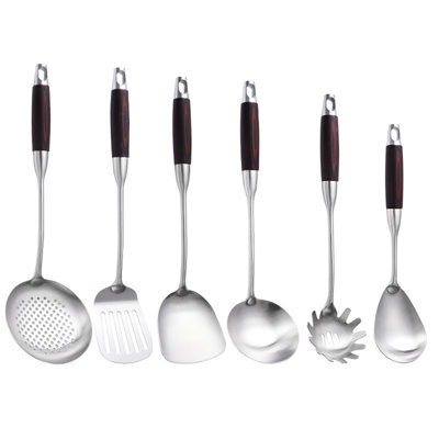 6-Piece Stainless Steel Kitchen Utensil Set With Wooden Handles: Spatula, Spoon, Ladle, And Tongs
