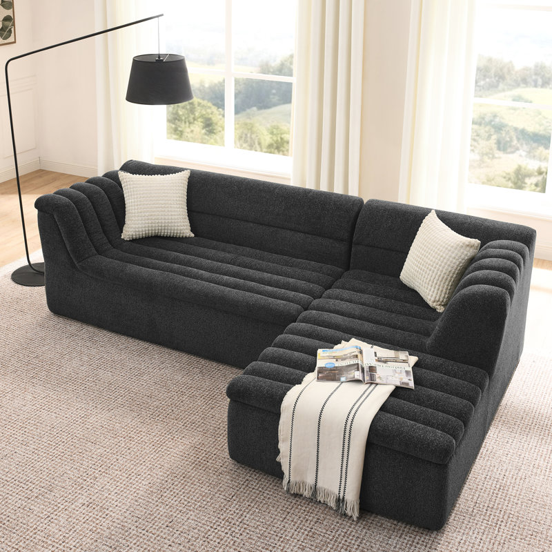 Canapé modulaire de 106 po en L avec méridienne, chenille, 3 sièges, sans installation, accoudoir ondulé en forme de vague - siège mi-moelleux, coussins, solution d'espace