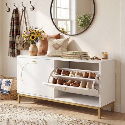 Narrow Shoe Storage Entryway Bench, 2 Smooth Flip Drawers & Adjustable Interior Shelves, Padded Anti-Slip Seat & Anti-Tip Design Suitable For Entryway