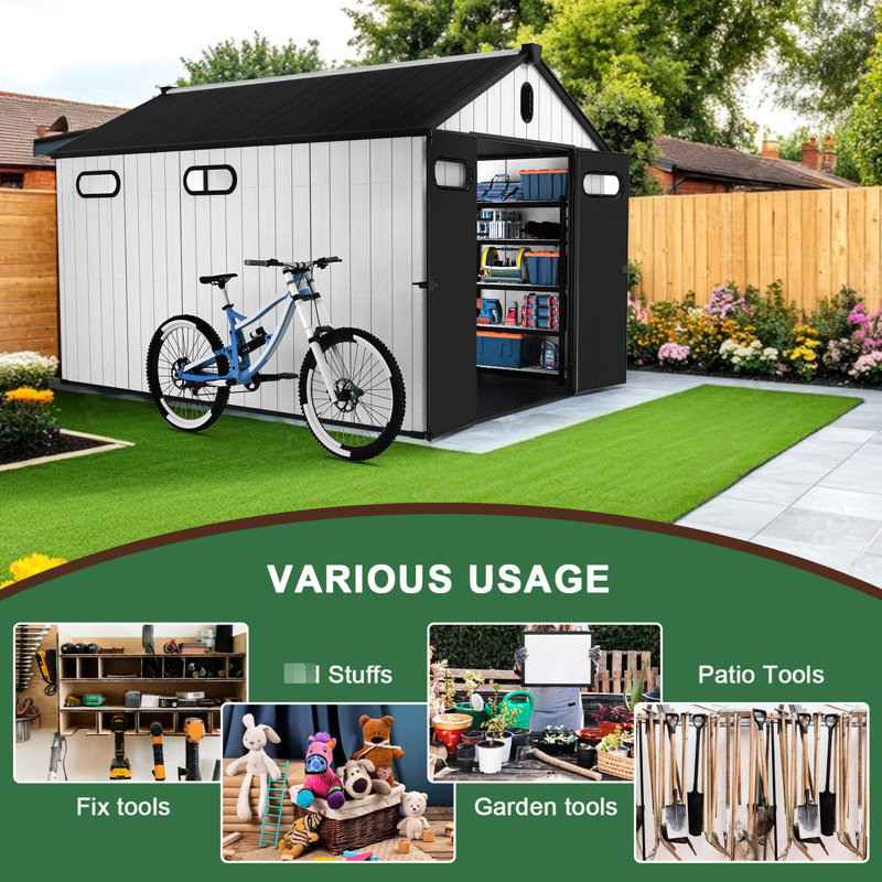 8 pi L x P 12 po Remise de rangement avec plancher - Structure en PP durable et renforcée d'acier pour une construction robuste pouvant accueillir des outils lourds, une ventilation améliorée et une porte verrouillable naturelle