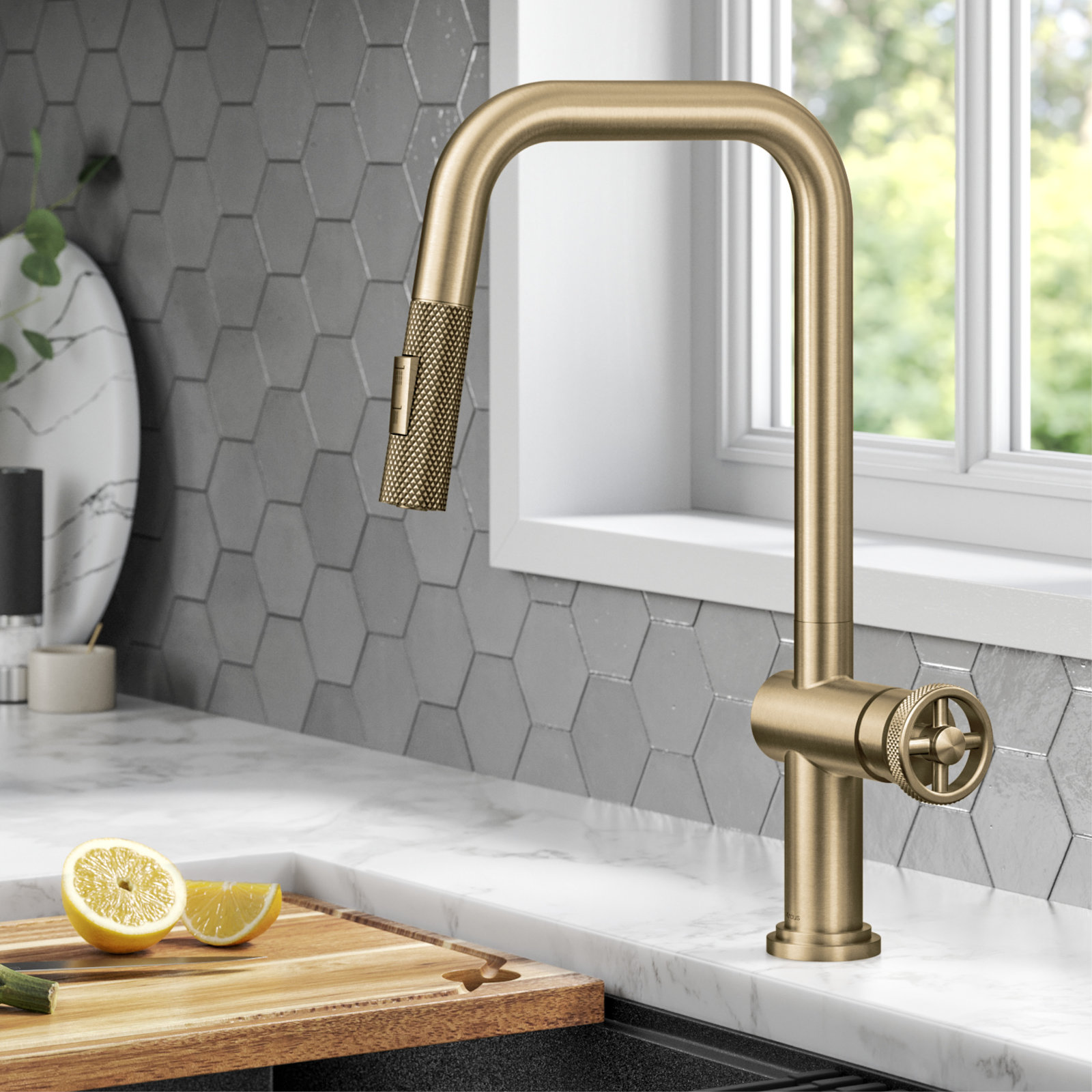 Urbix Industrial Pull-Down Single Handle Kitchen Faucet, Brushed Gold