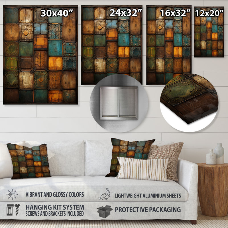 «Green Stones Tiles III», art mural en métal abstrait, H 20 po x l 12 po x P 1 po