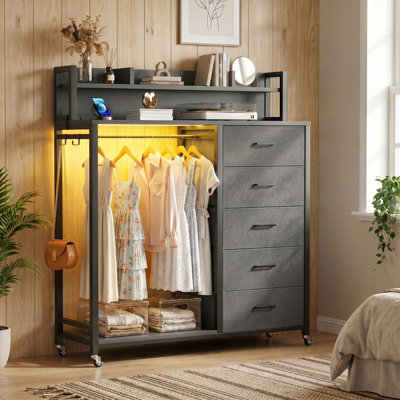 Gourley 5 Drawer LED Dresser with Clothes Hanging Rod and Shoe Rack