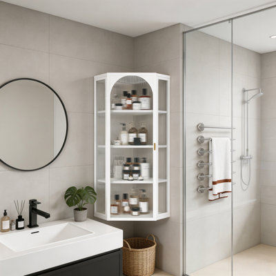 Armoire d'angle murale à porte en verre avec rangement à 4 niveaux, vitrine d'angle blanche - Organisateur peu encombrant pour la salle de bain, le salon et la cuisine