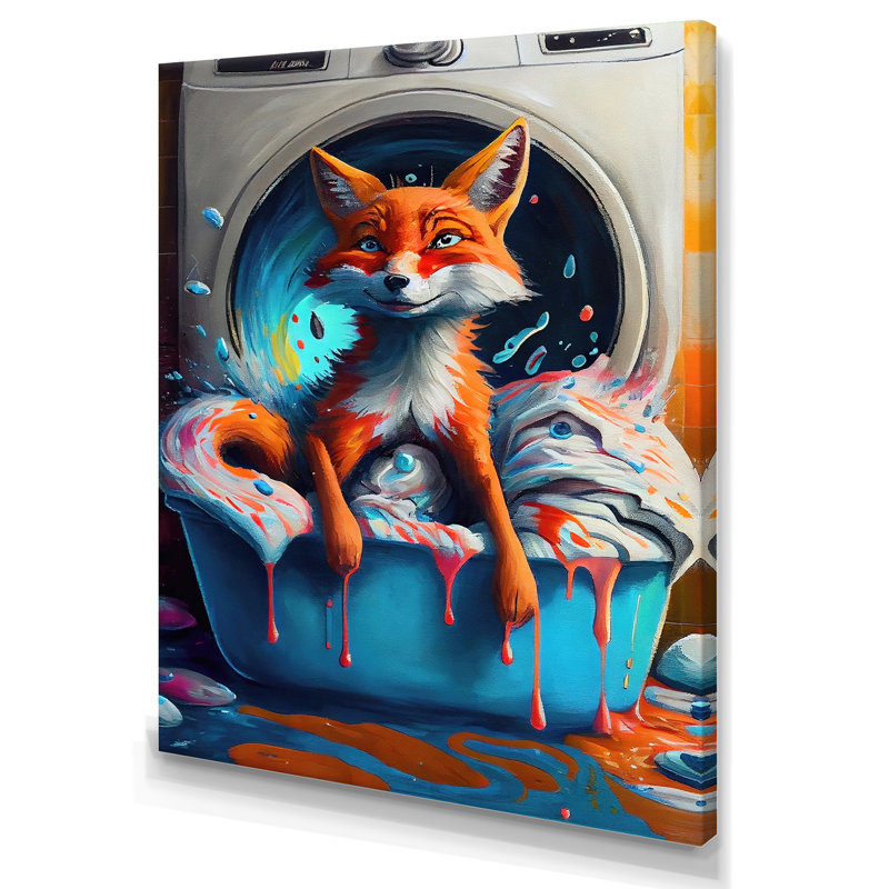Renard assis sur un panier à linge - animaux, art mural sur toile, L 24 po x H 32 po